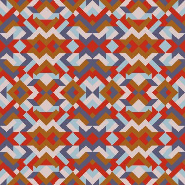 Soyut, dikişsiz, çok renkli desen. Kırmızı, mavi ve gri renkli üçgenlerin vektör geometrik arkaplanı. Tekstil, palyaço, halı, warp, kitap kapağı için mozaik dokusu