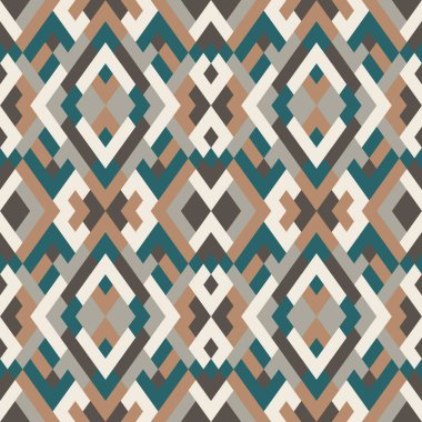 Soyut, dikişsiz, çok renkli desen. Kahverengi, mavi ve gri renkli üçgenlerin vektör geometrik arkaplanı. Tekstil, palyaço, halı, warp, kitap kapağı, giysiler için mozaik dokusu