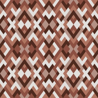 Soyut, dikişsiz, çok renkli desen. Kahverengi ve gri renkli üçgenlerin vektör geometrik arkaplanı. Tekstil, palyaço, halı, warp, kitap kapağı, giysiler için mozaik dokusu