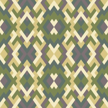 Soyut, dikişsiz, çok renkli desen. Yeşil ve sarı renkli üçgenlerin vektör geometrik arkaplanı. Tekstil, palyaço, halı, warp, kitap kapağı, giysiler için mozaik dokusu