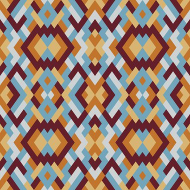 Soyut, dikişsiz, çok renkli desen. Mavi ve kahverengi üçgenlerin vektör geometrik arkaplanı. Tekstil, palyaço, halı, warp, kitap kapağı, giysiler için mozaik dokusu