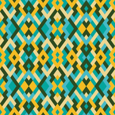 Soyut, dikişsiz, çok renkli desen. Sarı, mavi ve yeşil renkli üçgenlerin vektör geometrik arkaplanı. Tekstil, palyaço, halı, warp, kitap kapağı, giysiler için mozaik dokusu
