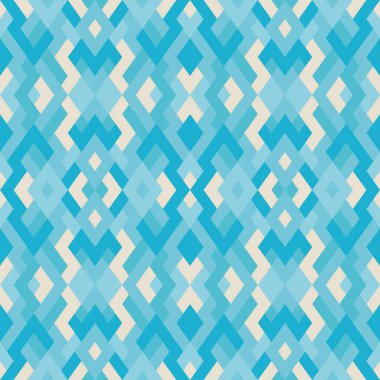 Soyut, dikişsiz, çok renkli desen. Mavi ve gri renkli üçgenlerin vektör geometrik arkaplanı. Tekstil, palyaço, halı, warp, kitap kapağı, giysiler için mozaik dokusu