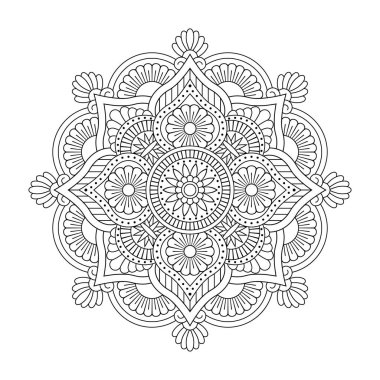 Vektör olarak izole edilmiş siyah mandala. Basit, boyanmamış bir çizgi. Renklendirme sayfaları ve tasarımı için klasik monokrom ögesi