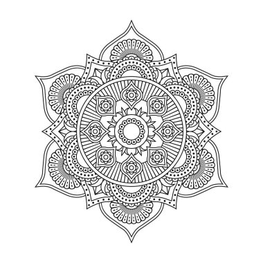 İzole edilmiş siyah vektör mandala. Yuvarlak çiçek deseni boyanmamış. Renklendirme sayfaları ve tasarımı için klasik monokrom ögesi