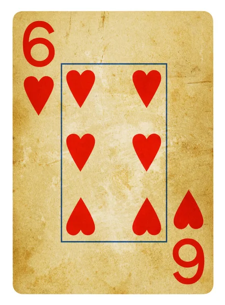 Six Hearts Vintage Playing Card Isolated White Clipping Path Included — Stock Photo, Image