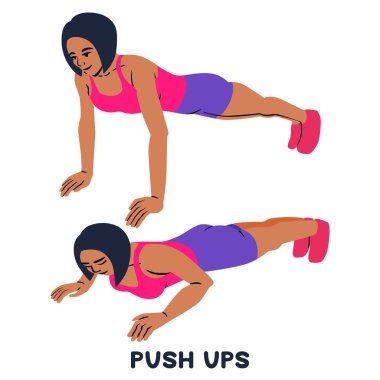 Push up. Spor exersice. Egzersiz yaparak kadın siluetleri. Egzersiz, eğitim.