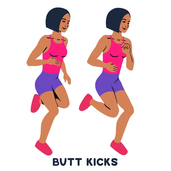 Kıçını tekmeler. Spor exersice. Egzersiz yaparak kadın siluetleri. Egzersiz, eğitim. — Stok Vektör