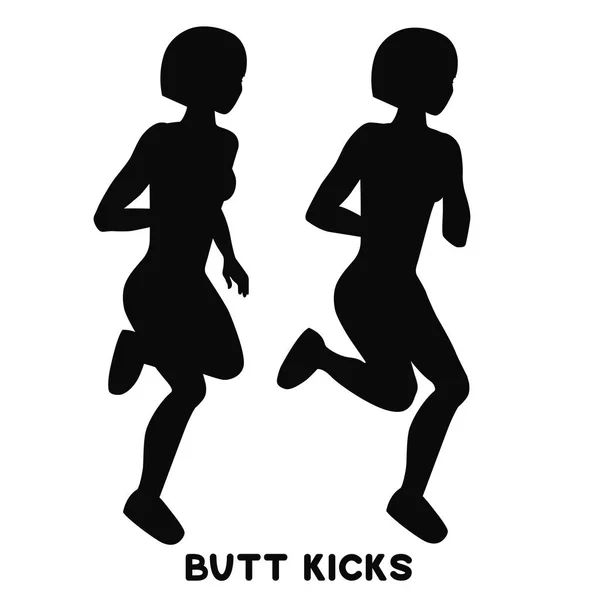 Butt kicks. Sport exersice. Silhouettes of woman doing exercise. Workout, training. — Stock Vector