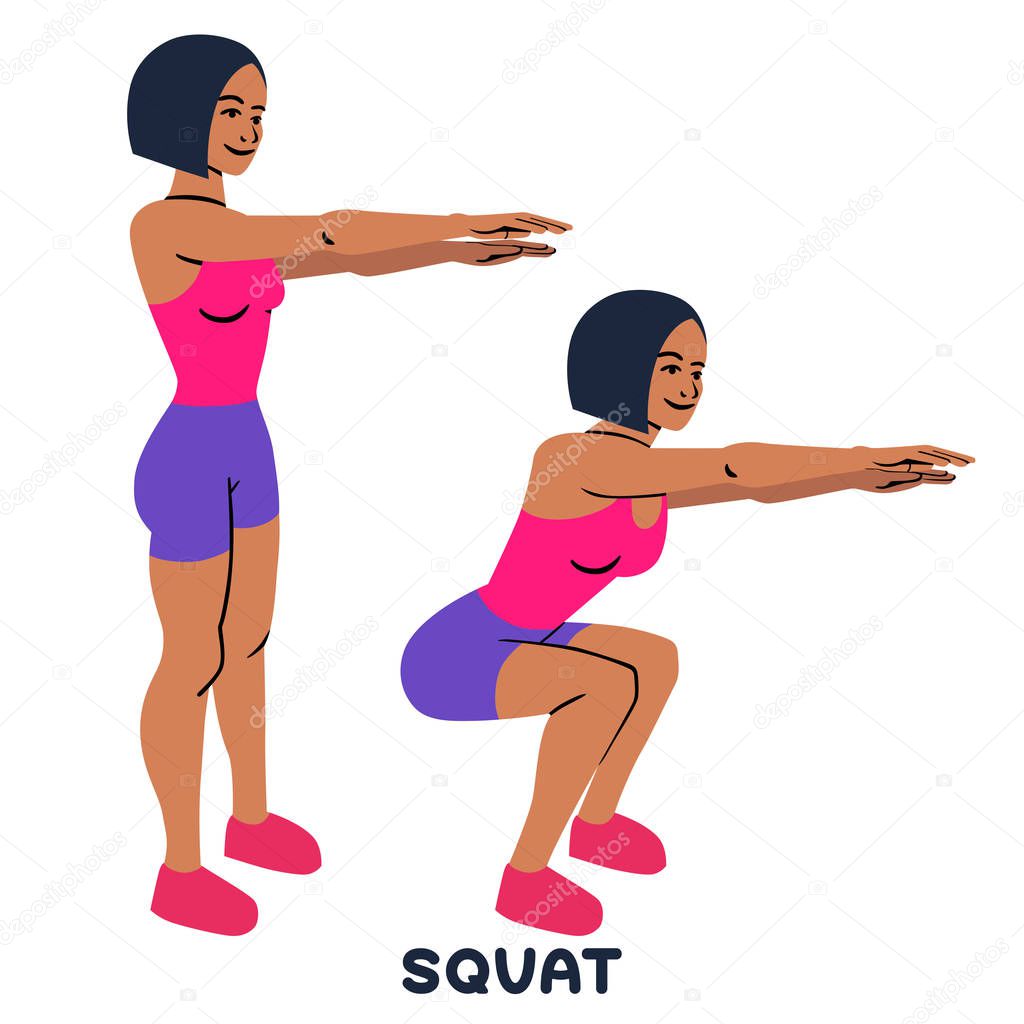 Squat. Sport exersice. Silhouettes of woman doing exercise. Workout, training.