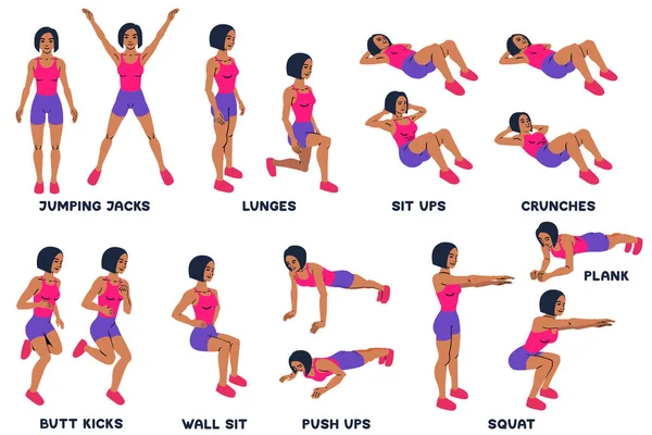 Squat. Le sport s'exerce. Silhouettes de femme faisant de l'exercice. Entraînement, entraînement . — Image vectorielle