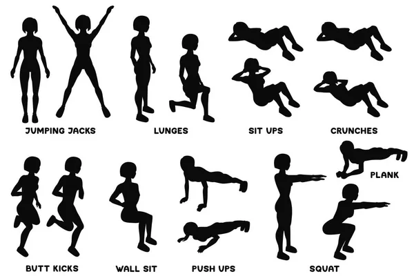 Squat. Αθλητισμός εκγύμνασης. Σιλουέτες των γυναίκα που κάνει άσκηση. Προπόνηση, εκπαίδευση. — Διανυσματικό Αρχείο