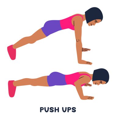 Push up. Spor exersice. Egzersiz yaparak kadın siluetleri. Vektör çizim eğitim egzersiz,