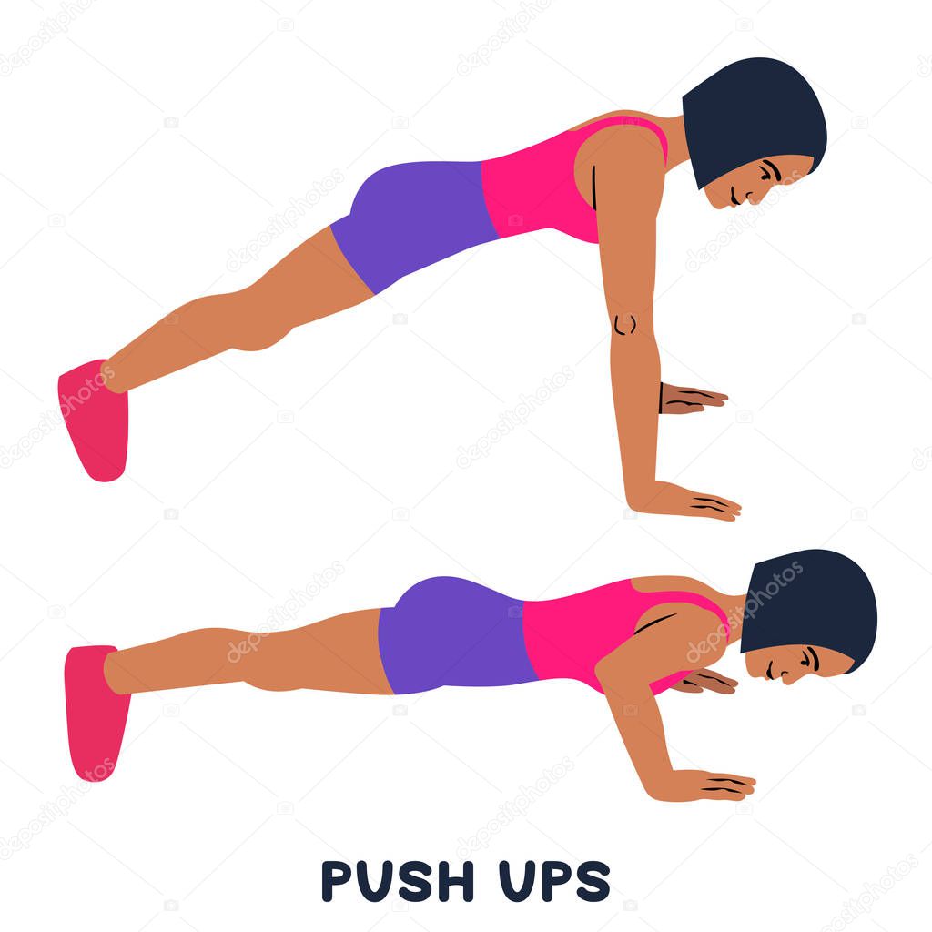 Push ups. Sport exersice. Silhouettes of woman doing exercise. Workout, training Vector illustration