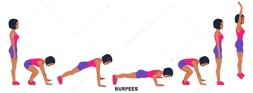 Burpee. Burpees. Sport exersice. Silhouettes of woman doing exercise. Workout, training Vector illustration