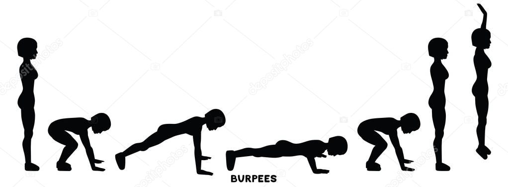 Burpee. Burpees. Sport exersice. Silhouettes of woman doing exercise. Workout, training Vector illustration