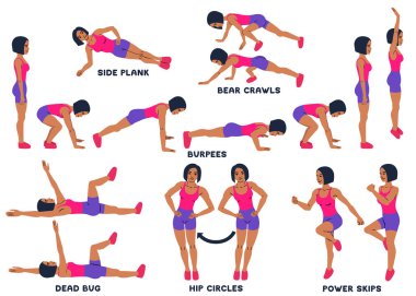 Burpees, ayı tarar, kalça daireler, ölü böcek, yan tahta, güç atlar. Spor exersice. Egzersiz yaparak kadın siluetleri. Vektör çizim eğitim egzersiz,