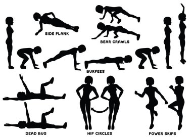 Burpees, ayı tarar, kalça daireler, ölü böcek, yan tahta, güç atlar. Spor exersice. Egzersiz yaparak kadın siluetleri. Vektör çizim eğitim egzersiz,