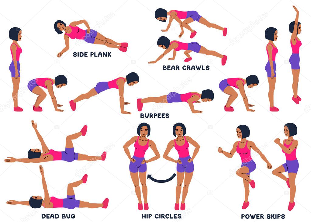 Burpees, bear crawls, hip circles, dead bug, side plank, power skips. Sport exersice. Silhouettes of woman doing exercise. Workout, training Vector illustration