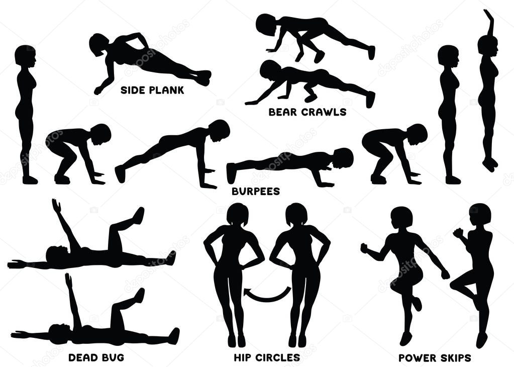 Burpees, bear crawls, hip circles, dead bug, side plank, power skips. Sport exersice. Silhouettes of woman doing exercise. Workout, training Vector illustration