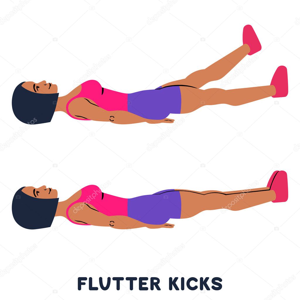 Flutter kicks. Sport exersice. Silhouettes of woman doing exercise. Workout, training Vector illustration