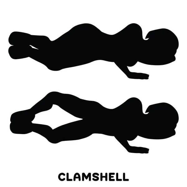 Clamshell Αθλητισμός Εκγύμνασης Σιλουέτες Των Γυναίκα Που Κάνει Άσκηση Προπόνηση — Διανυσματικό Αρχείο