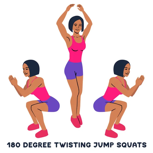 180 Degree Twisting Jump Squats Sport Exersice Silhouettes Woman Doing — Stock Vector