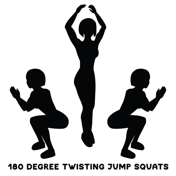 180 Degree Twisting Jump Squats Sport Exersice Silhouettes Woman Doing — Stock Vector