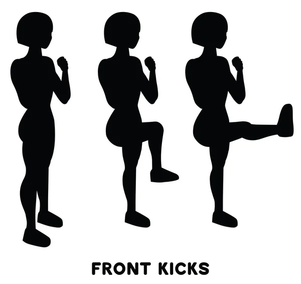 Voorste Kicks Sport Exersice Silhouetten Van Vrouw Doen Oefening Training — Stockvector