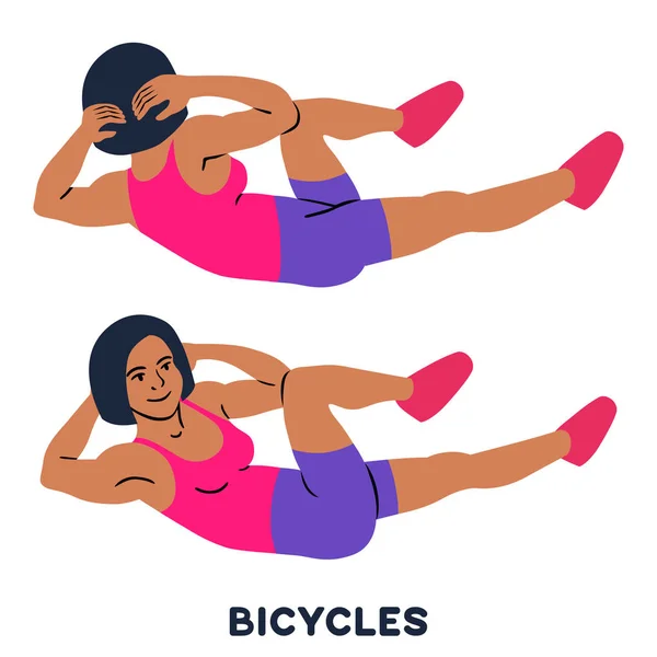 Bicicletas Codo Rodilla Crujidos Crunches Cuerpo Cruzado Ejercicios Deportivos Siluetas — Vector de stock