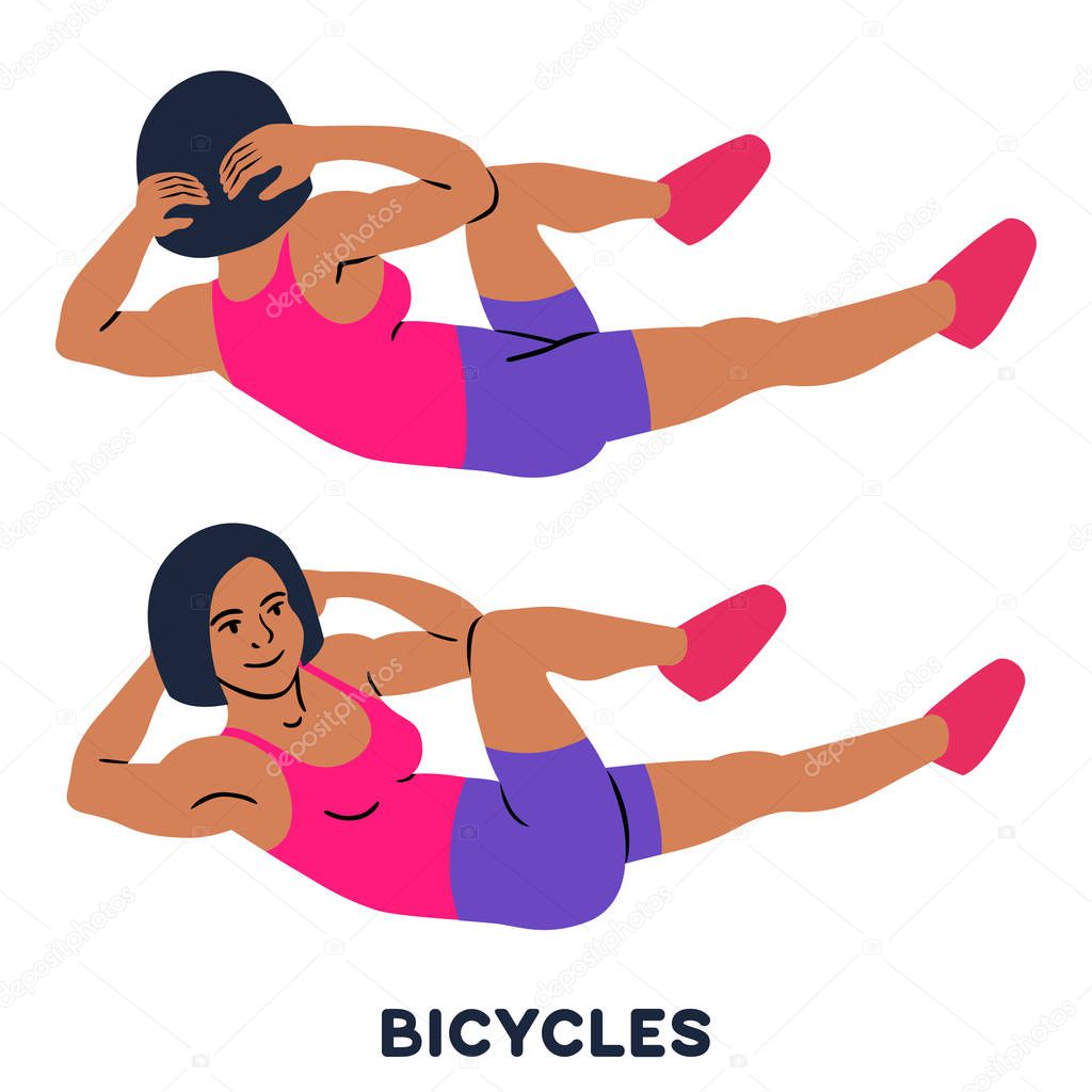 Bicycles. Elbow to cnee crunches. Cross body crunches. Sport exersice. Silhouettes of woman doing exercise. Workout, training Vector illustration