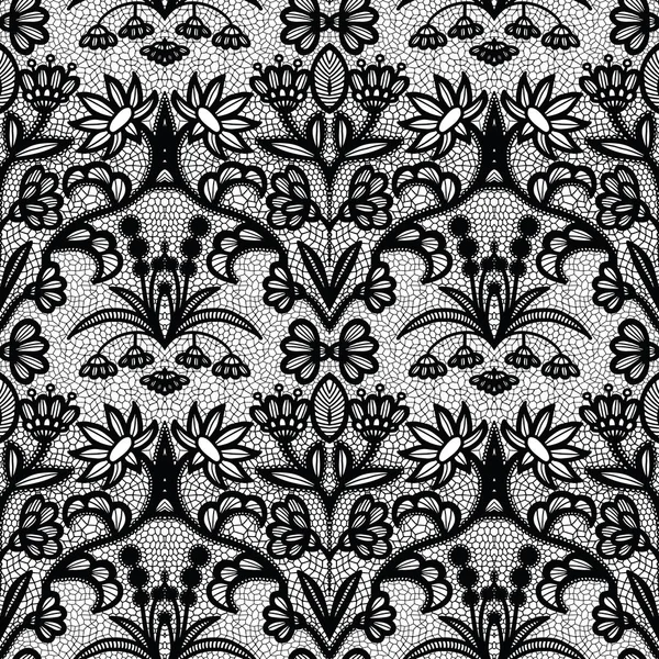 白い背景の上の花を持つレース黒シームレスなパターン — ストックベクタ