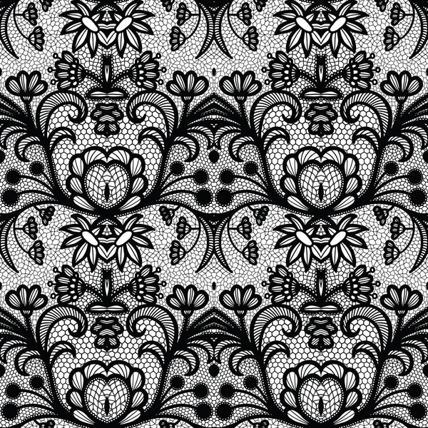 Lace Black Seamless Pattern Flowers White Background — Stock Vector