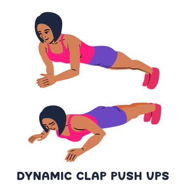 Dinamik bel soğukluğu push up. Spor exersice. Egzersiz yaparak kadın siluetleri. Vektör çizim eğitim egzersiz,