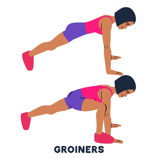 Groiners Plank Gangboord Sport Exersice Silhouetten Van Vrouw Doen Oefening — Stockvector
