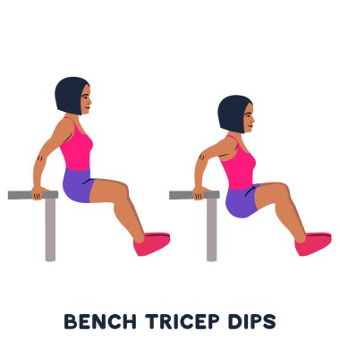Sandalye. Tezgah triceps dips. Spor exersice. Egzersiz yaparak kadın siluetleri. Vektör çizim eğitim egzersiz,