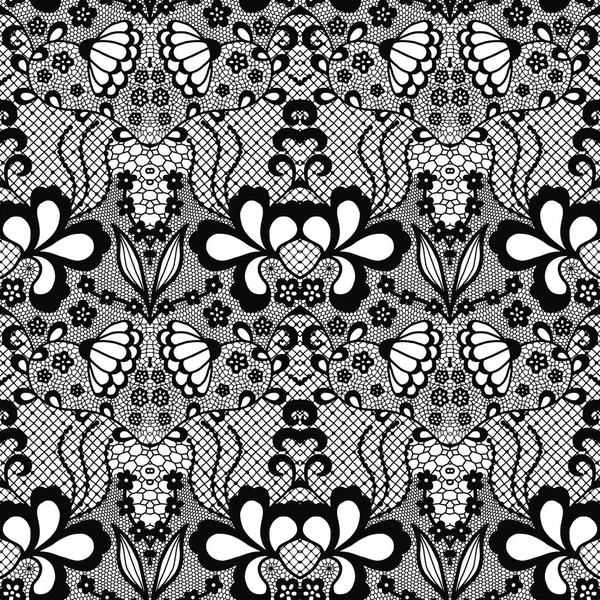 Lace Black Seamless Pattern Flowers White Background — Stock Vector