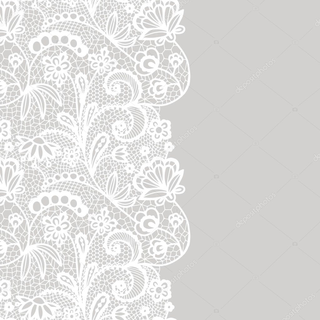 Seamless lace border. Vector illustration. White lacy vintage elegant trim.