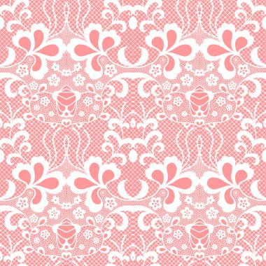 Çiçekli pembe bir arka plan üzerinde beyaz dantel seamless modeli