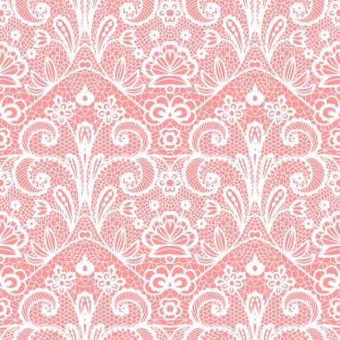 Çiçekli pembe bir arka plan üzerinde beyaz dantel seamless modeli