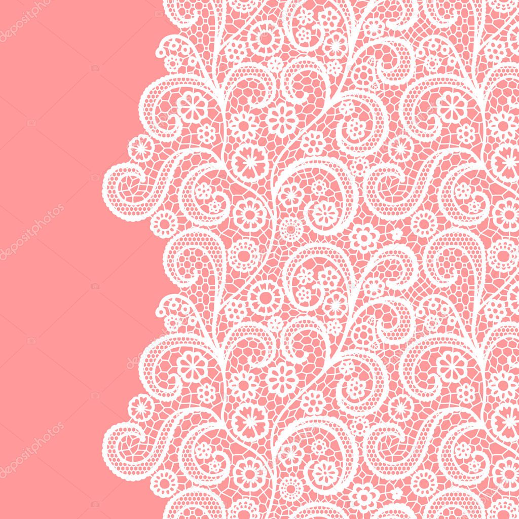 Seamless lace border. Vector illustration. White lacy vintage elegant trim.