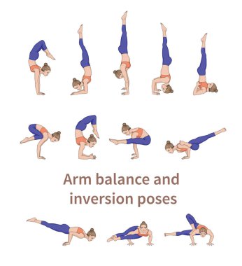 Kadın siluetleri. Yoga pozlar topluluğu. Asana ayarlayın. Vektör çizim. Kol denge ve inversiyon pozlar