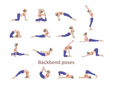 Kadın siluetleri. Yoga pozlar topluluğu. Asana ayarlayın. Vektör çizim. Köprü pozlar