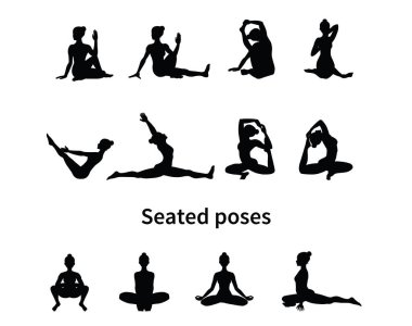 Kadın siluetleri. Yoga pozlar topluluğu. Asana ayarlayın. Vektör çizim. Oturmuş pozlar