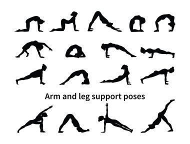 Kadın siluetleri. Yoga pozlar topluluğu. Asana ayarlayın. Vektör çizim. Kol ve bacak pozlar destek
