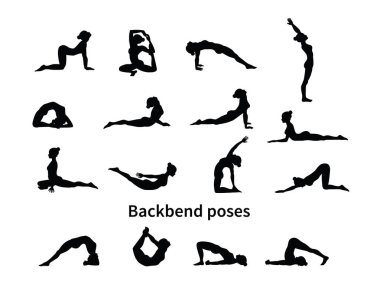Kadın siluetleri. Yoga pozlar topluluğu. Asana ayarlayın. Vektör çizim. Köprü pozlar