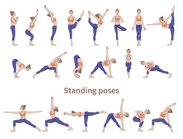 Siluetas Mujer Colección Poses Yoga Asana Lista Ilustración Vectorial Posturas — Vector de stock