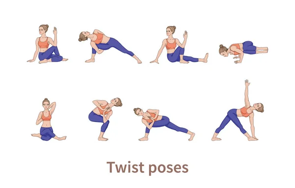 Siluetas Mujer Colección Poses Yoga Asana Lista Ilustración Vectorial Twist — Vector de stock