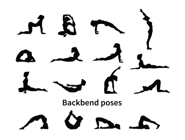 Siluetas Mujer Colección Poses Yoga Asana Lista Ilustración Vectorial Backbend — Vector de stock