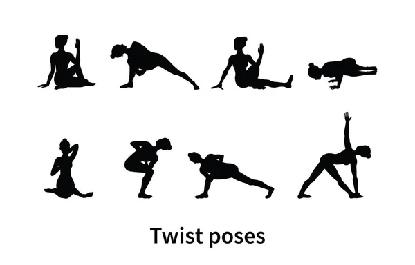 Siluetas Mujer Colección Poses Yoga Asana Lista Ilustración Vectorial Twist — Archivo Imágenes Vectoriales